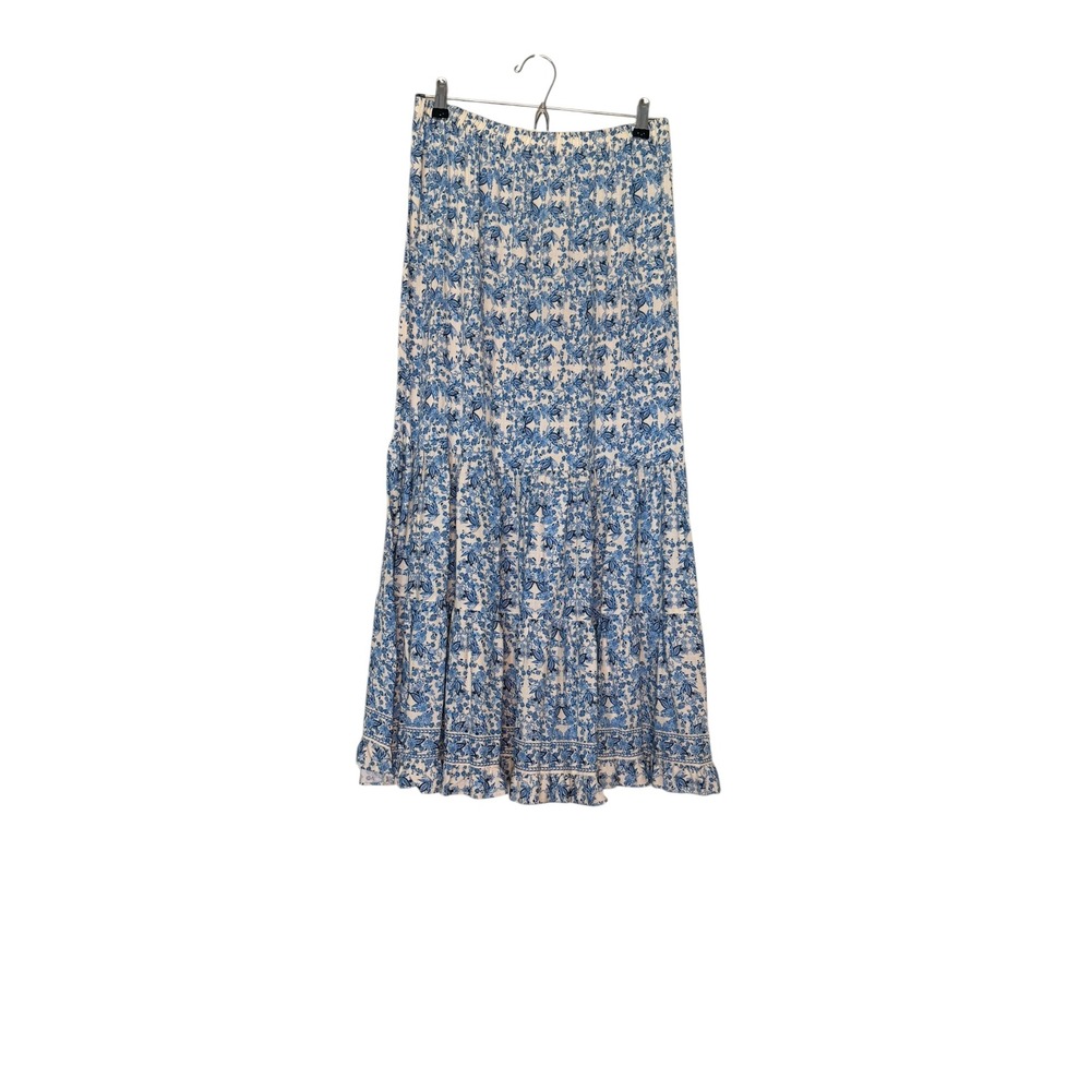 Max Studio London Blue White Floral Tiered Maxi Skirt Size M Boho Chic Relaxed
